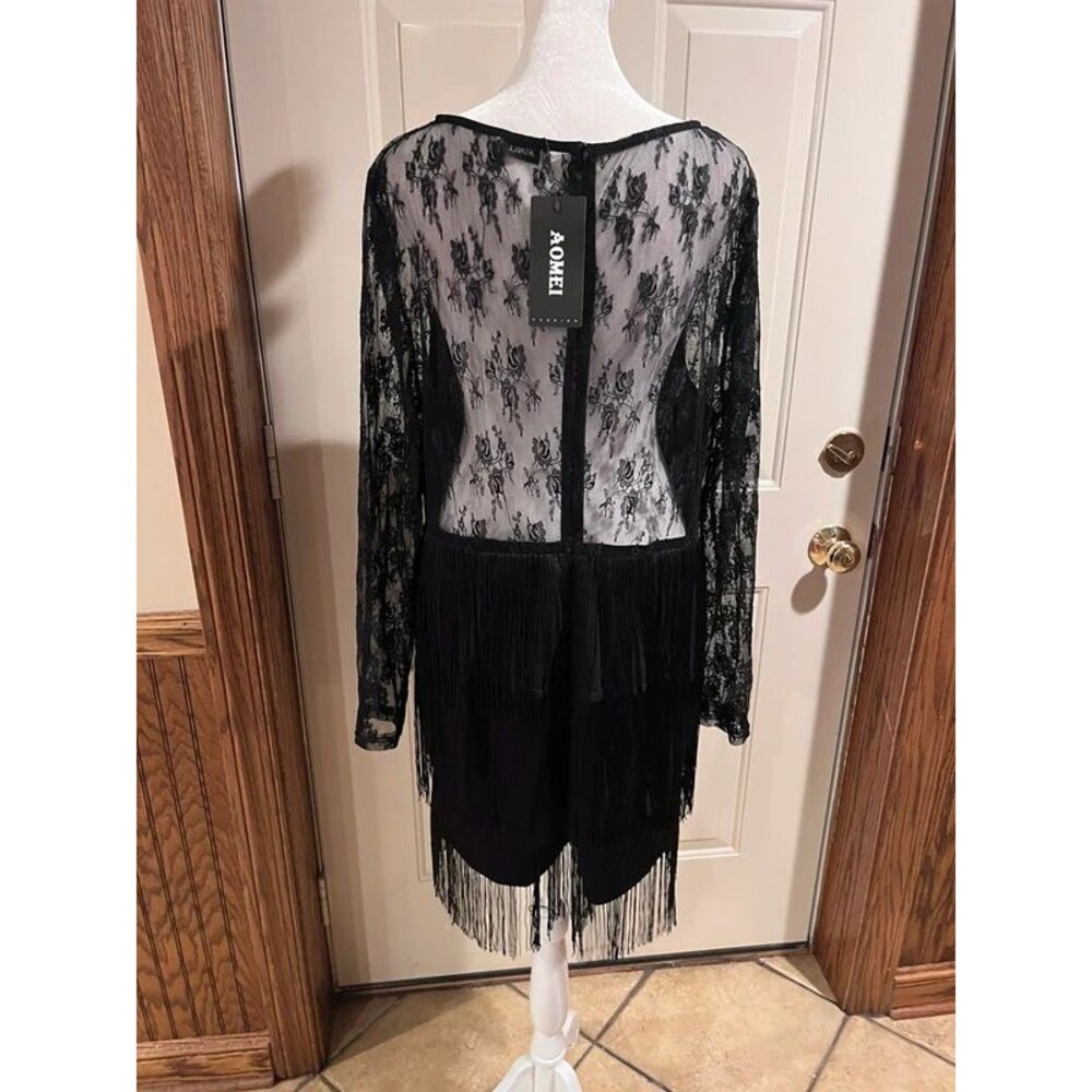 AOMEI Black Lace Fringe Bodycon Dress Cutout XXL (fits like L-XL) - Picture 3 of 5